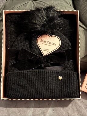 Juicy Couture Black Knit Hat & Scarf Gift Set with Faux-Fur Pom